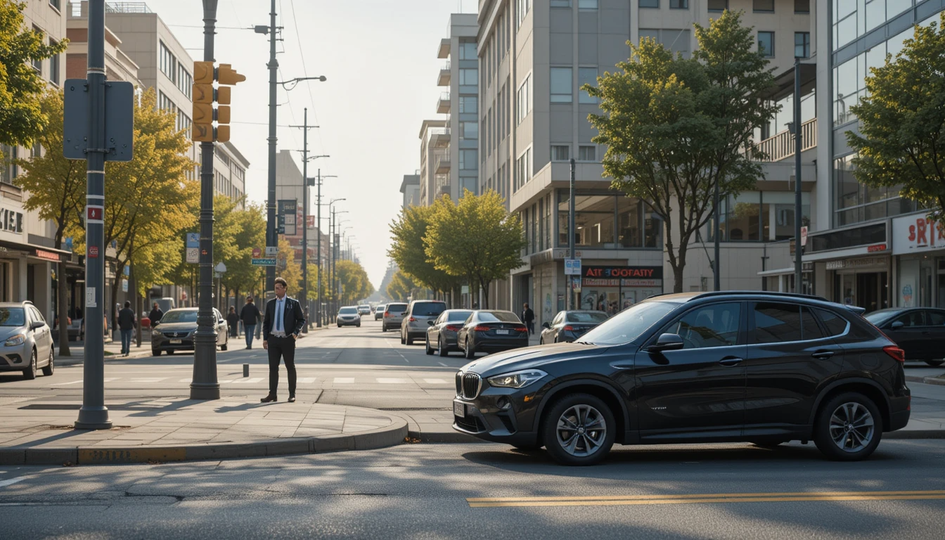 Via com carros passando e diversos imóveis, em centro urbano