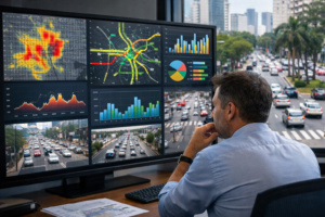 Um engenheiro ou planejador urbano observando uma tela grande com mapas de tráfego, gráficos e fluxos veiculares, enquanto ao fundo aparece uma avenida urbana captada por câmera (ou telas com frames de vídeo).