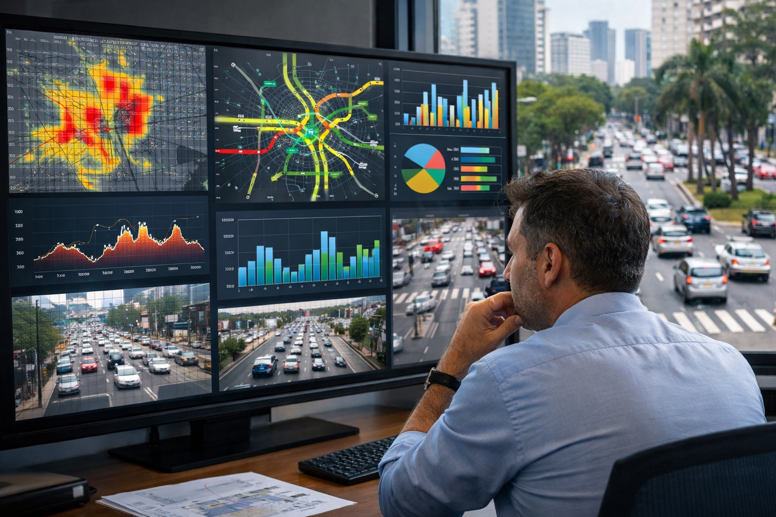Um engenheiro ou planejador urbano observando uma tela grande com mapas de tráfego, gráficos e fluxos veiculares, enquanto ao fundo aparece uma avenida urbana captada por câmera (ou telas com frames de vídeo).