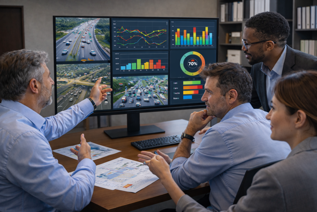 pessoas em escritório, como equipe, fazendo análise de tráfego