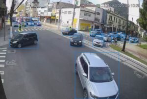 Imagem de carros, pedestres passando em via e sendo marcados por contador automático de IA
